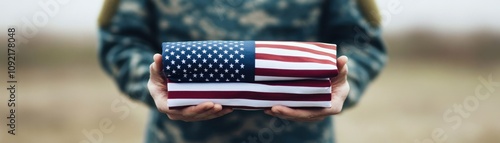 A soldier holds a folded American flag, symbolizing patriotism and service, set against a blurred natural background. photo