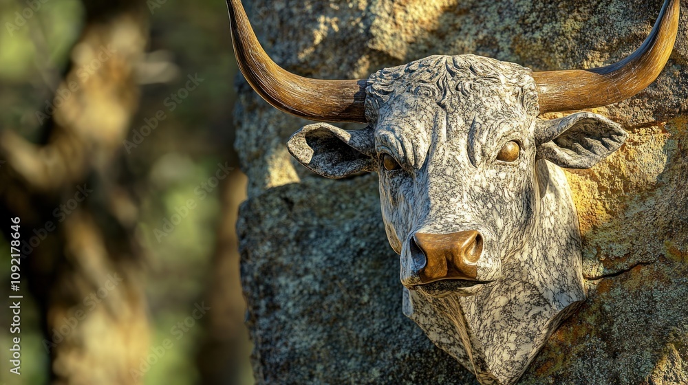 A detailed bull head sculpture mounted on a rock, showcasing craftsmanship and artistry. A detailed bull head sculpture mounted on a rock, showcasing craftsmanship and artistry.