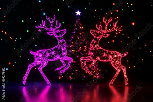 An energetic neon purple and orange design showcasing prancing reindeer beside a beautifully illuminated Christmas tree isolated on a dark background --ar 3:2 --s 50 photo