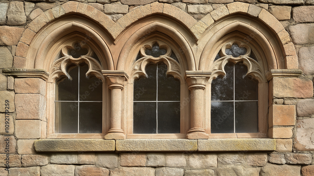 Fototapeta premium Detailed stone carvings around arched windows - Bright natural light enhancing texture, historical style