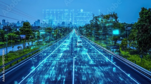 Digital data flow on road in concept of cyber global communication and coding with graphic creating vision of fast speed transfer to show agile digital transformation. disruptive innov : Generative A photo