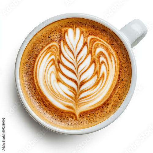 Coffee cup with intricate latte art on a white background.