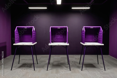 Modern Deep Purple Voting Booths in a Quiet Polling Space on Election Day for Enhanced Democratic Engagement photo