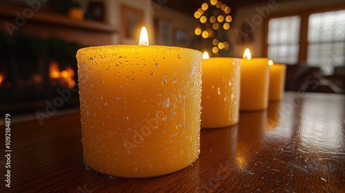 Three lit yellow candles on wooden table, cozy fireplace and Christmas tree in background. photo