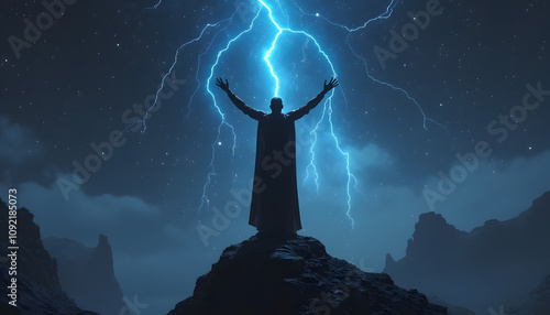 Silhouette of a Man Summoning Lightning Under a Starry Night Sky