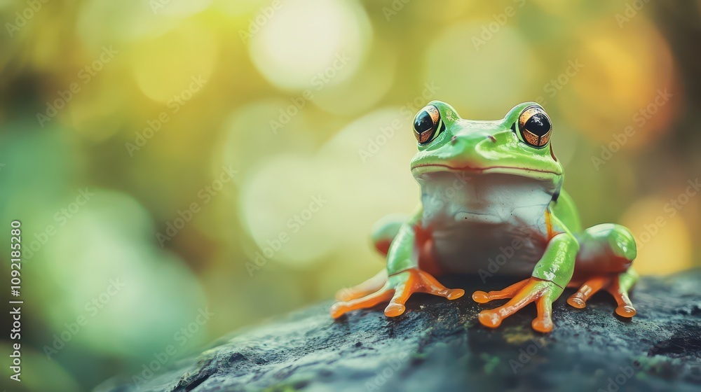Naklejka premium Vibrant frog in natural habitat celebrating World frog day. Horizontal banner. Copy space. Concept of wildlife protection, animal protection. Studying nature's biodiversity