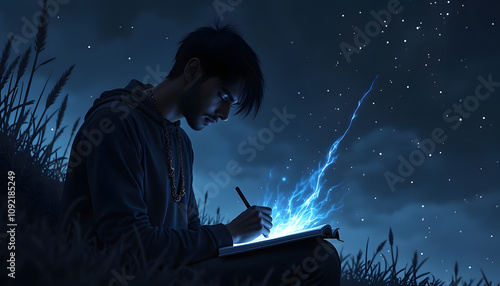 Creative Man Writing Under the Influence of Magical Lightning in a Notebook in a Starry Night Sky