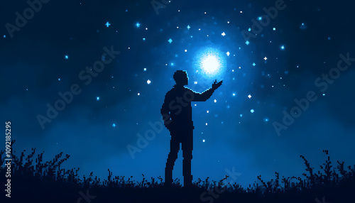 Silhouette of a Man Reaching for the Stars in a Starry Night