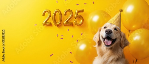 A cheerful dog wearing a party hat celebrates the year 2025, surrounded by yellow balloons and confetti against a bright yellow background.