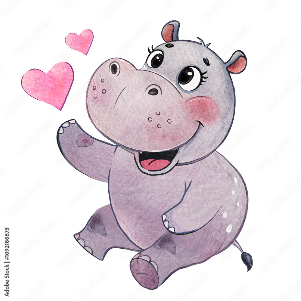 Fototapeta premium Cute hand drawn hippo illustration with heart. Cartoon hippo transparent background. Pro PNG transparent background. Cute baby character for print DTF T-Shirt, postcard and invitation