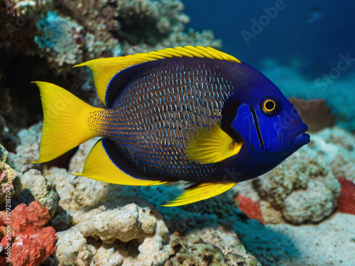 colorful Blueringed angelfish with reef photo