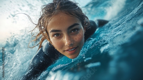 A vibrant and dynamic picture of a Western woman actively surfing in the ocean.
