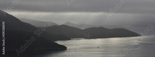 Misty morning in the Marlborought Sounds, New Zealand. photo