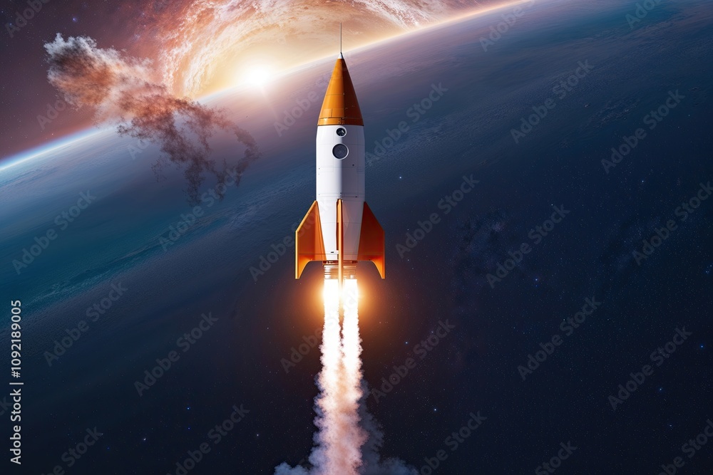 Naklejka premium Intergalactic Rocket Launch with Dramatic Flames and Smoke Effects