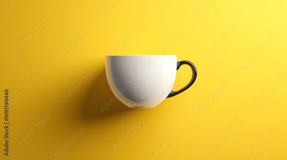 A minimalist white cup with a black handle is set against a vibrant yellow background, offering a modern and stylish aesthetic. A minimalist white cup with a black handle is set against a vibrant yellow background, offering a modern and stylish aesthetic.