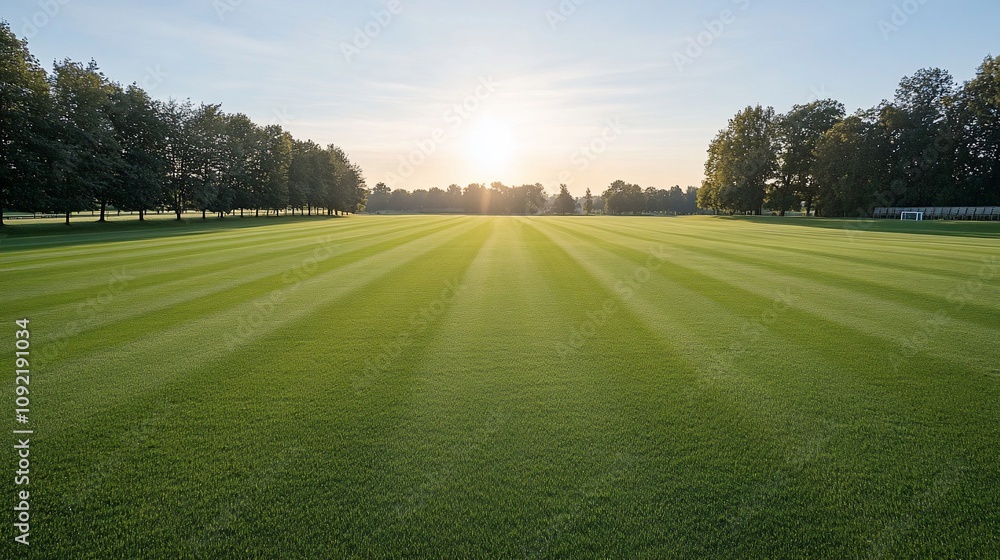 Sunrise over perfectly manicured lawn with striped pattern. Sunrise over perfectly manicured lawn with striped pattern.