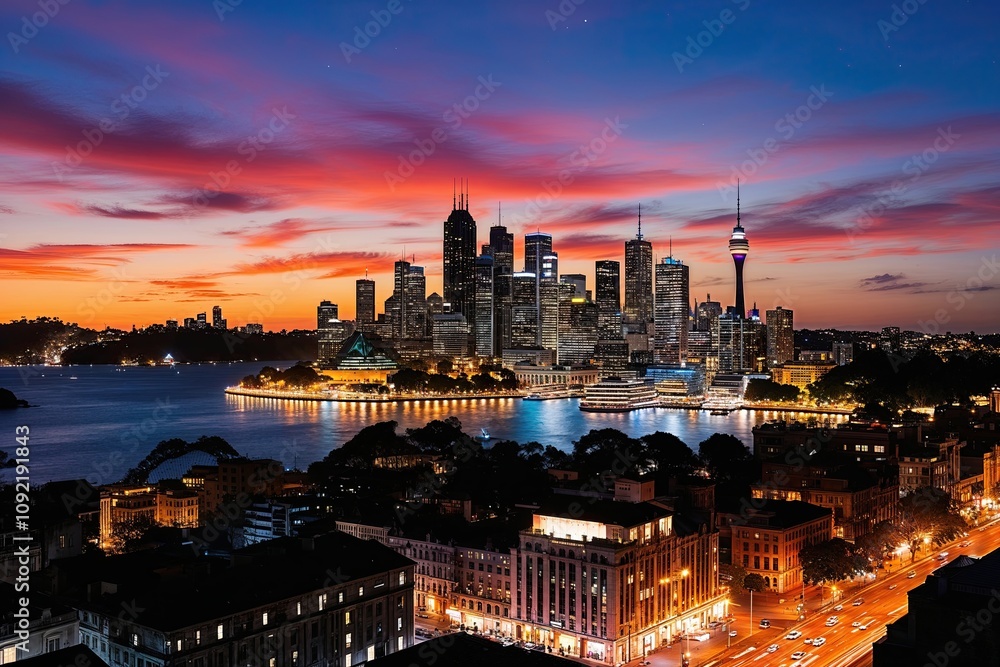 Fototapeta premium Breathtaking Sydney Skyline at Night with Stunning Sparkling Buildings and Colorful Sunset Background
