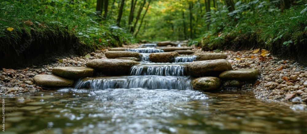 Fototapeta premium Small stream with a waterfall and stepping stones.