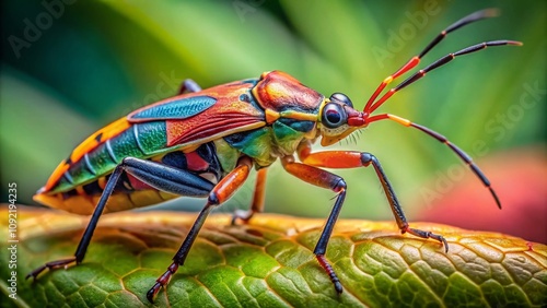 Close-Up Architectural Photography of Reduviidae Rhynocoris Rubricus With Nature Background Showcasing Intricate Details and Textures in a Natural Habitat Environment photo