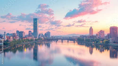 Serene cityscape at sunset reflecting on calm waters.