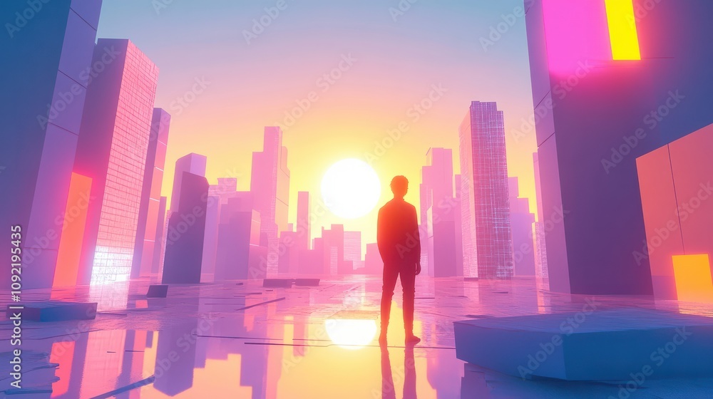 A person standing in a vibrant, vaporwave-inspired neon-lit futuristic cityscape at sunset A person standing in a vibrant, vaporwave-inspired neon-lit futuristic cityscape at sunset