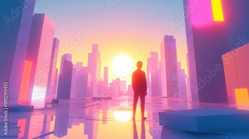 A person standing in a vibrant, vaporwave-inspired neon-lit futuristic cityscape at sunset