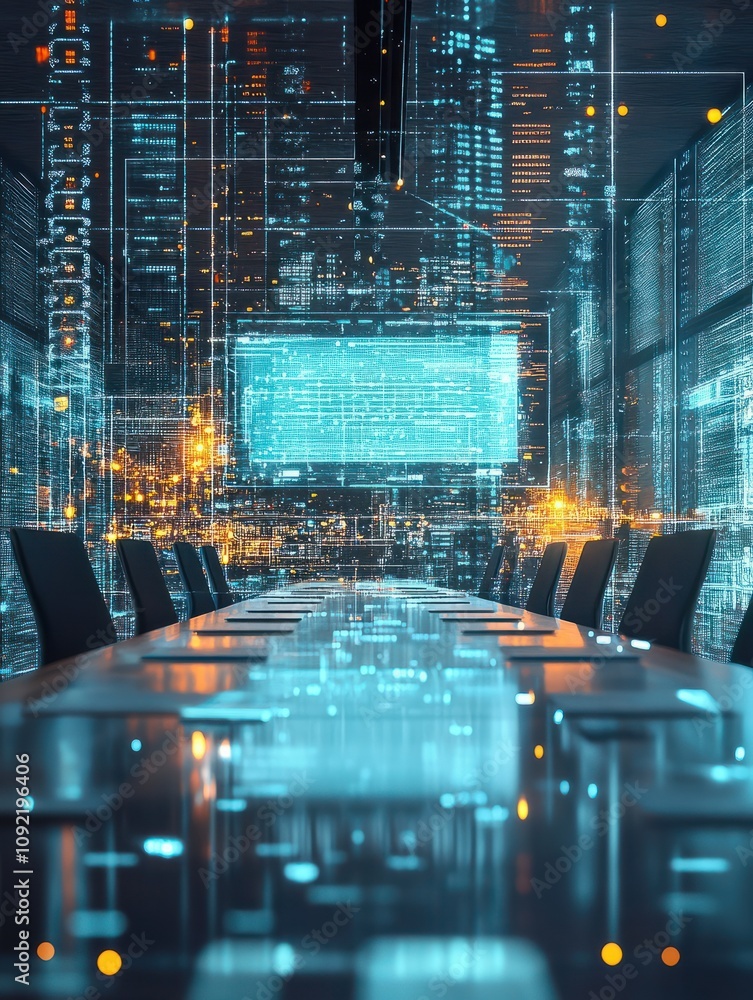Fototapeta premium Abstract conference room with block chain hologram. Analytics concept. Double exposure.