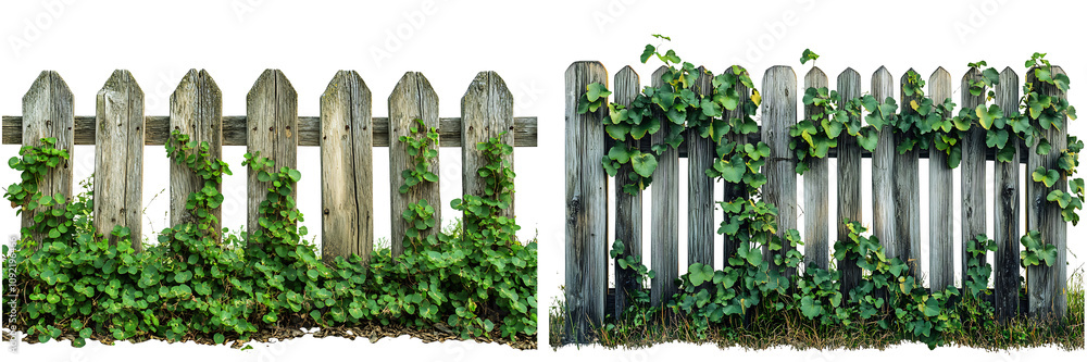 Set of an old wooden fence with green plants, isolated on a transparent background. Set of an old wooden fence with green plants, isolated on a transparent background.