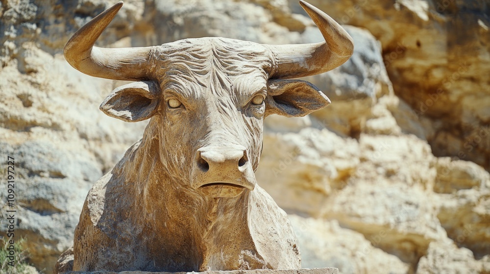 A detailed sculpture of a bull against a rocky background, showcasing artistry in animal representation. A detailed sculpture of a bull against a rocky background, showcasing artistry in animal representation.