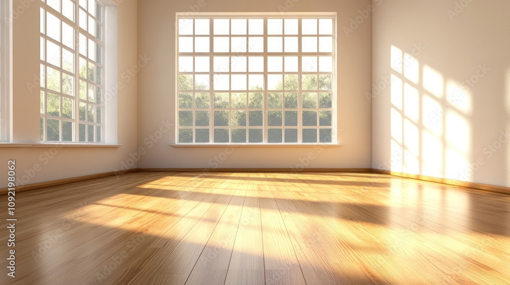 A bright, empty room with large windows casting shadows on wooden flooring. A bright, empty room with large windows casting shadows on wooden flooring.