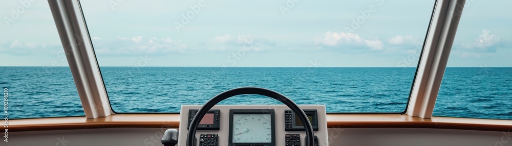Fototapeta premium A serene view from a boat's cockpit, showcasing the vast ocean under a clear sky.