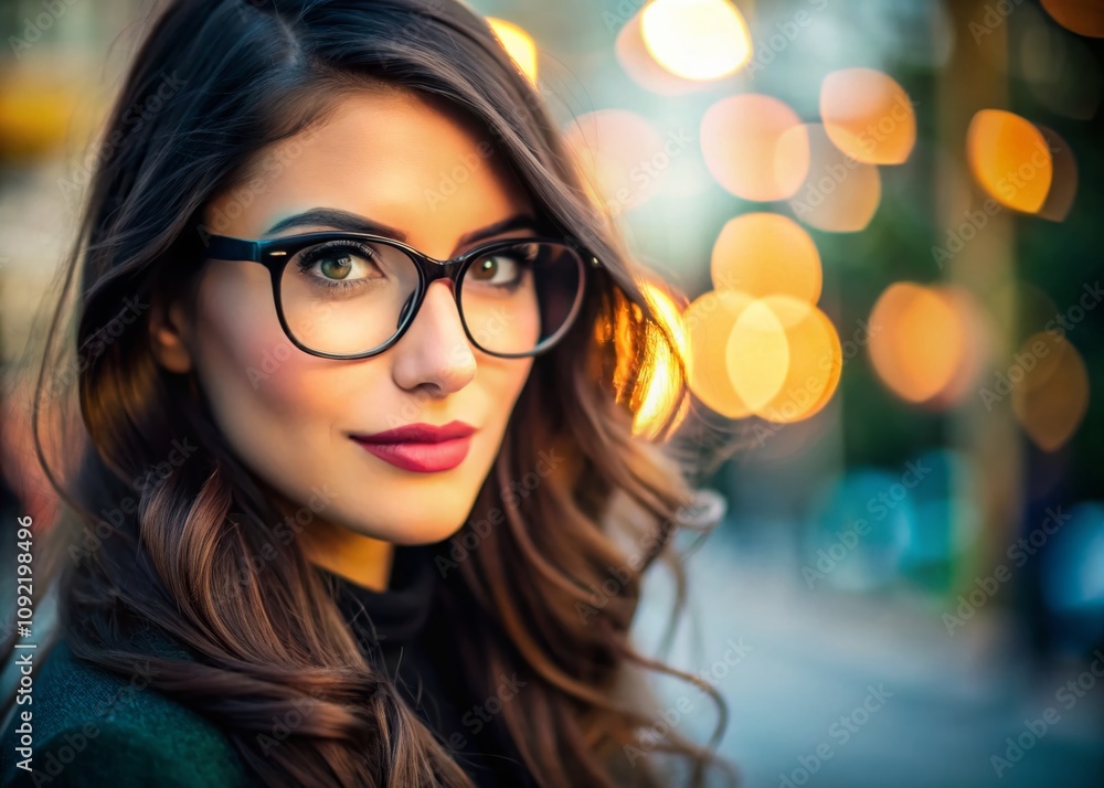 Close-Up of a Beautiful Brunette Woman with Glasses, Showcasing Her Features and Style Against a Soft Background, Perfect for Lifestyle and Fashion Themes Close-Up of a Beautiful Brunette Woman with Glasses, Showcasing Her Features and Style Against a Soft Background, Perfect for Lifestyle and Fashion Themes