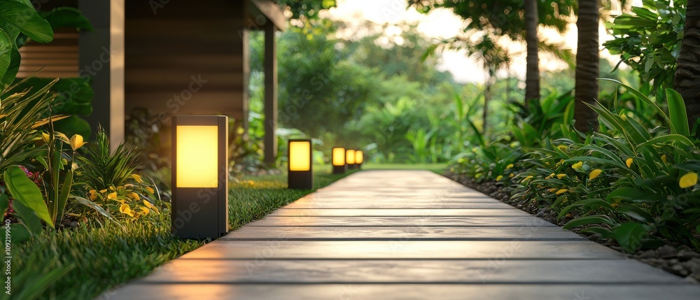Obraz premium A serene pathway illuminated by soft lights, surrounded by lush greenery, creating a tranquil outdoor ambiance.