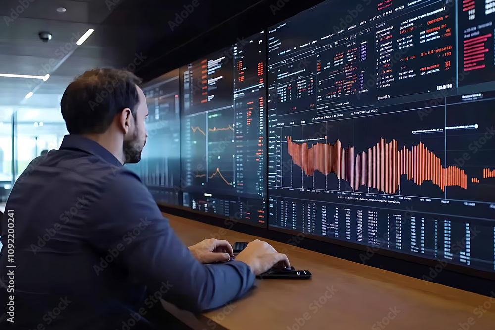 Fototapeta premium A finance professional analyzes market data on multiple screens. Stock market trading, financial analysis, data visualization, and investment strategy concepts are depicted.
