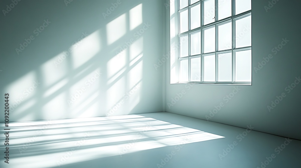 Fototapeta premium Sunlight Streaming Through a Window Casting Shadows on a White Wall and Floor