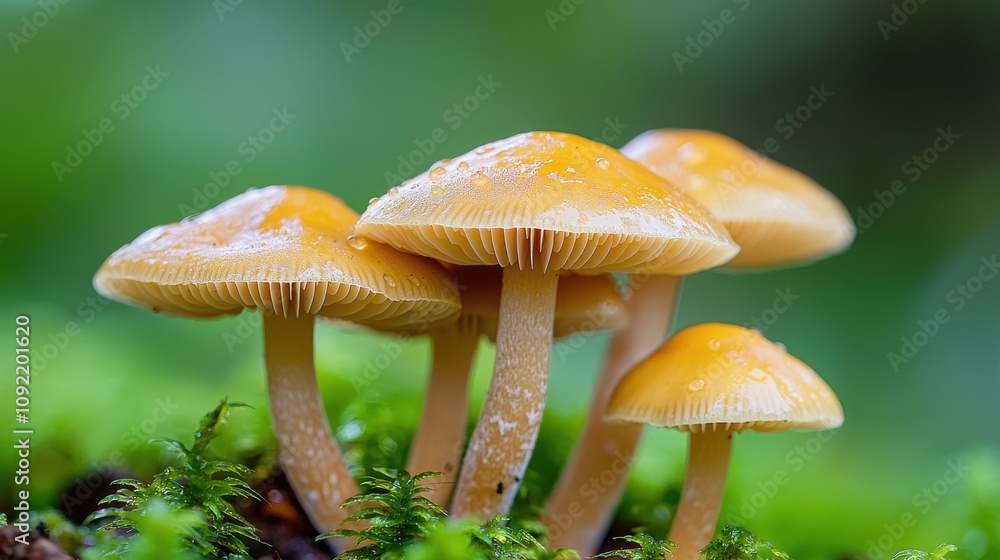 Fototapeta premium Close-Up of Vibrant Yellow Mushrooms Growing on a Mossy Forest Floor Surrounded by Lush Green Background Highlighting Nature's Fungal Beauty