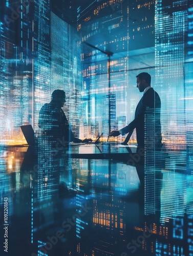 Backlit businesspeople working tohether in abstract blurry office interior with business charts and binary code. System engineering and digital transformation concept. Double exposure photo