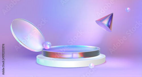 Abstract holographic podium with floating geometric elements in pastel color. Circular metallic platform surrounded by levitating shapes. Futuristic display mockup for product presentation or branding
