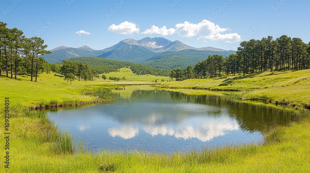 Serene landscape featuring a tranquil pond and majestic mountains. Serene landscape featuring a tranquil pond and majestic mountains.