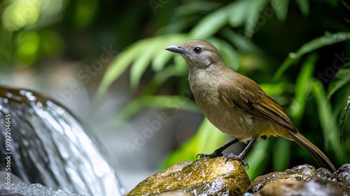 Liberian Greenbul Near Waterfall in Lush Greenery photo