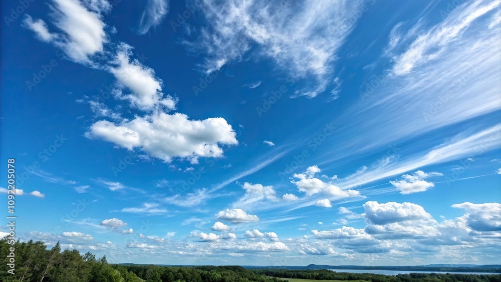 Obraz premium A bright blue sky with wispy clouds and a few scattered cumulus clouds floating above, natural scenery, atmospheric perspective, clear blue sky
