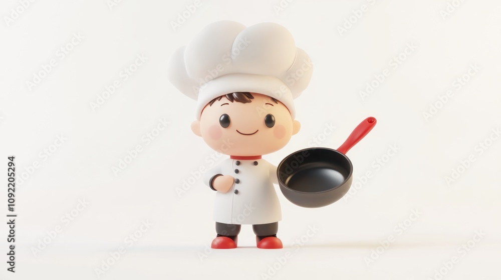 A cheerful cartoon chef holding a frying pan, dressed in a classic white chef's uniform. A cheerful cartoon chef holding a frying pan, dressed in a classic white chef's uniform.