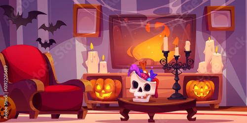 Cozy Halloween room interior with red armchair, illuminated jack o lanterns, skull shaped pot with treats on antique table, burning candles. Fireplace video on TV screen, dark bats and web hover above