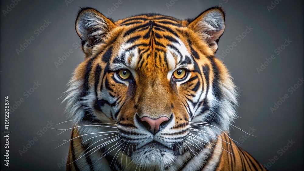 Fototapeta premium Closeup of a Tiger's Intense Gaze Captured Against a Soft Gradient Gray Background, Evoking a Sense of Power and Mystique in Surreal Photography