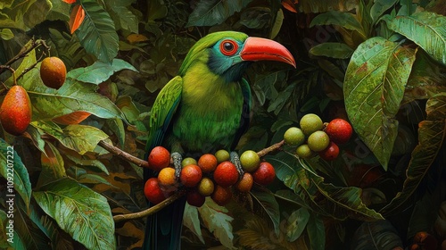 Tropical Toucanet Enjoying Fruits in Lush Jungle photo