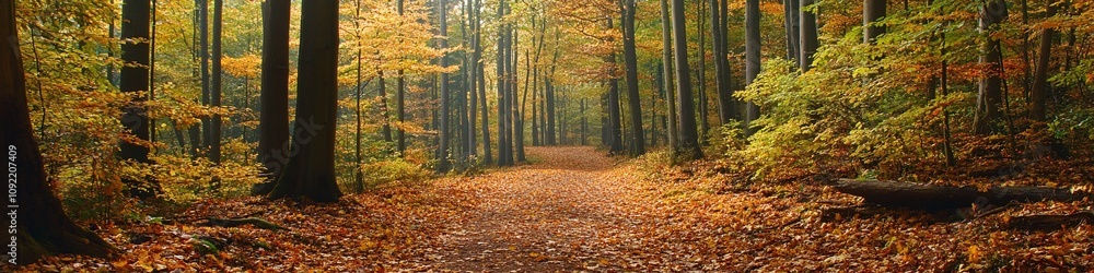 Obraz premium 2410_007.woodland hiking trail in early autumn, fallen leaves on dirt path, towering trees with changing foliage, lush understory vegetation, natural forest corridor, mixed green and golden leaves,