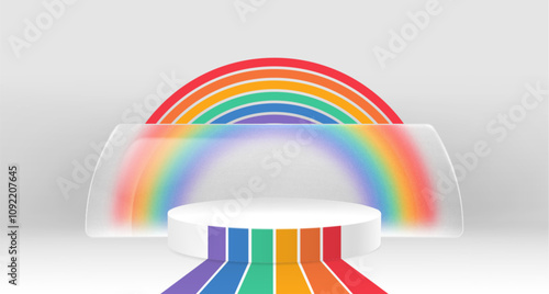 White circular podium decorated with rainbow stripes leading to vibrant arch backdrop with decorative glass shape. Pride themed platform with rainbow colors. Modern display setup with colorful decor.