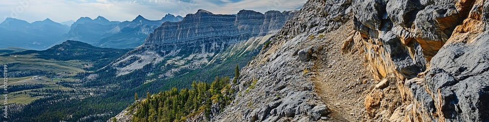 Fototapeta premium 2410_096.narrow mountain trail hugging steep cliffside, rugged rocky terrain, layered sedimentary rock formations, sweeping valley views, sparse vegetation, distant mountain peaks