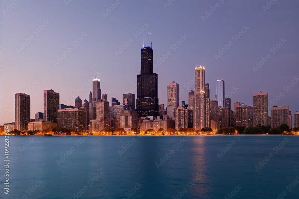Obraz premium Twilight Dreamy Chicago Skyline with Illuminated Skyscrapers on Soft Pastel Background