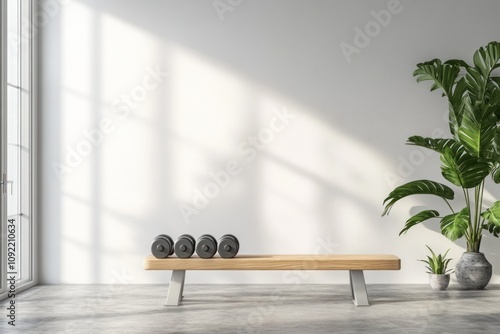 A minimalist workout space featuring a bench and dumbbells beside a large plant. photo